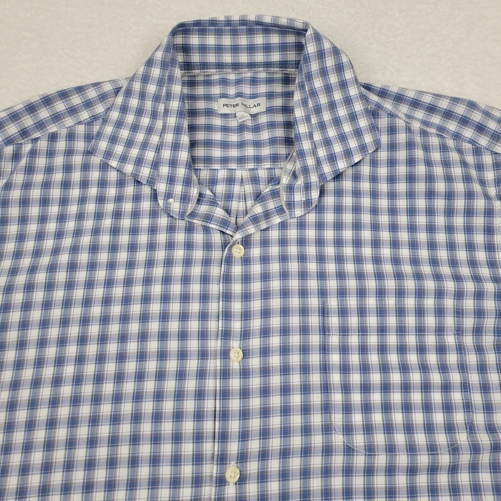 Peter Millar Long Sleeve Button Up Shirt Mens‎ Large L Blue White Plaid Checked